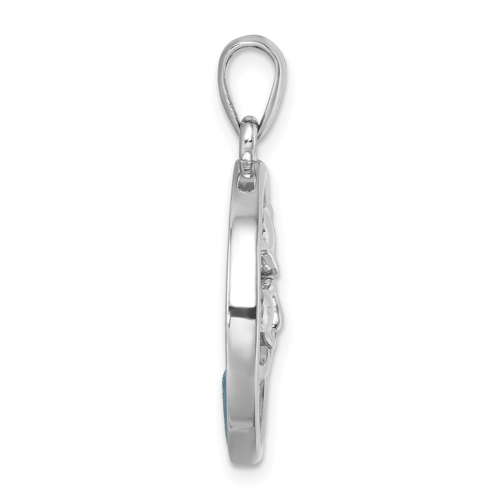 Sterling Silver Rhodium-Plated Round Blue Agate Double Dolphin Pendant