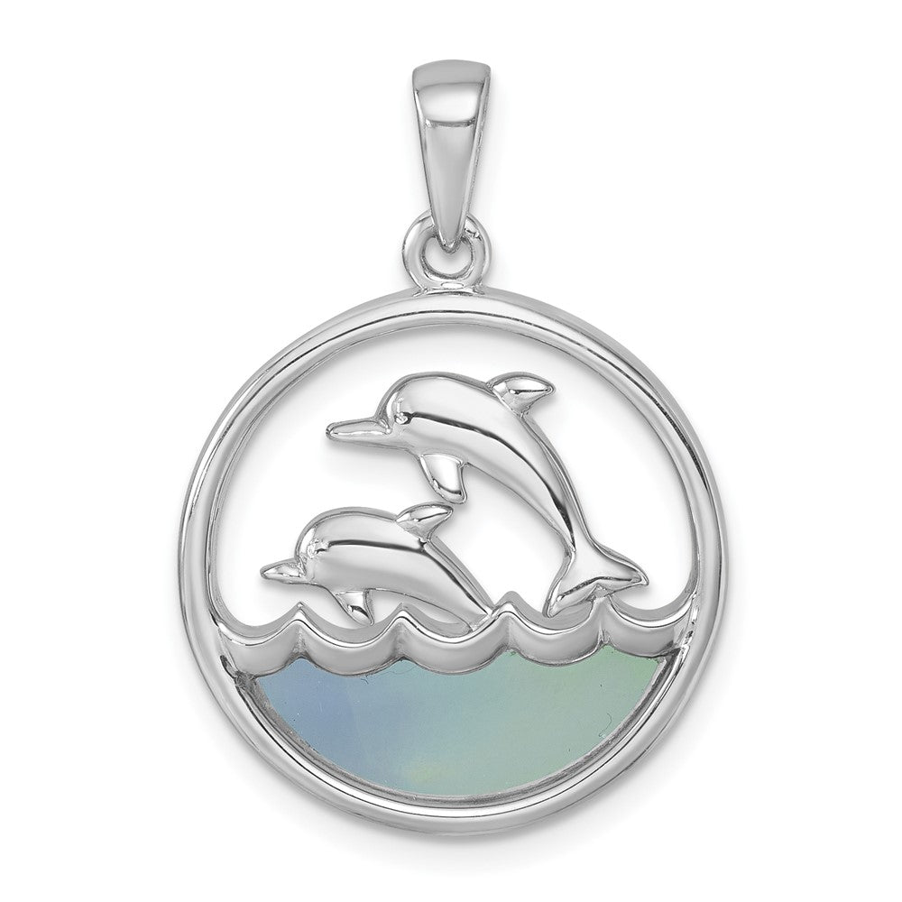 Sterling Silver Rhodium-Plated Round Blue Agate Double Dolphin Pendant