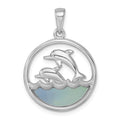 Sterling Silver Rhodium-Plated Round Blue Agate Double Dolphin Pendant