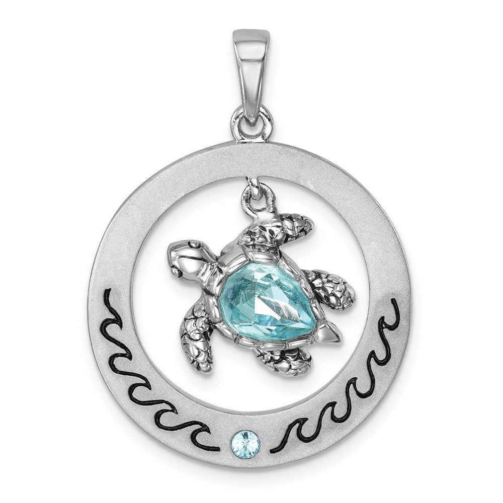 Sterling Silver Rhodium-Plated Round Moveable Crystal Turtle Pendant