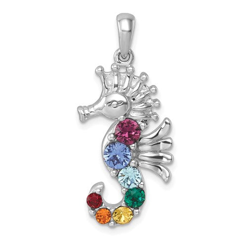 Sterling Silver Rhodium-Plated Multi-Color Crystal Seahorse Pendant