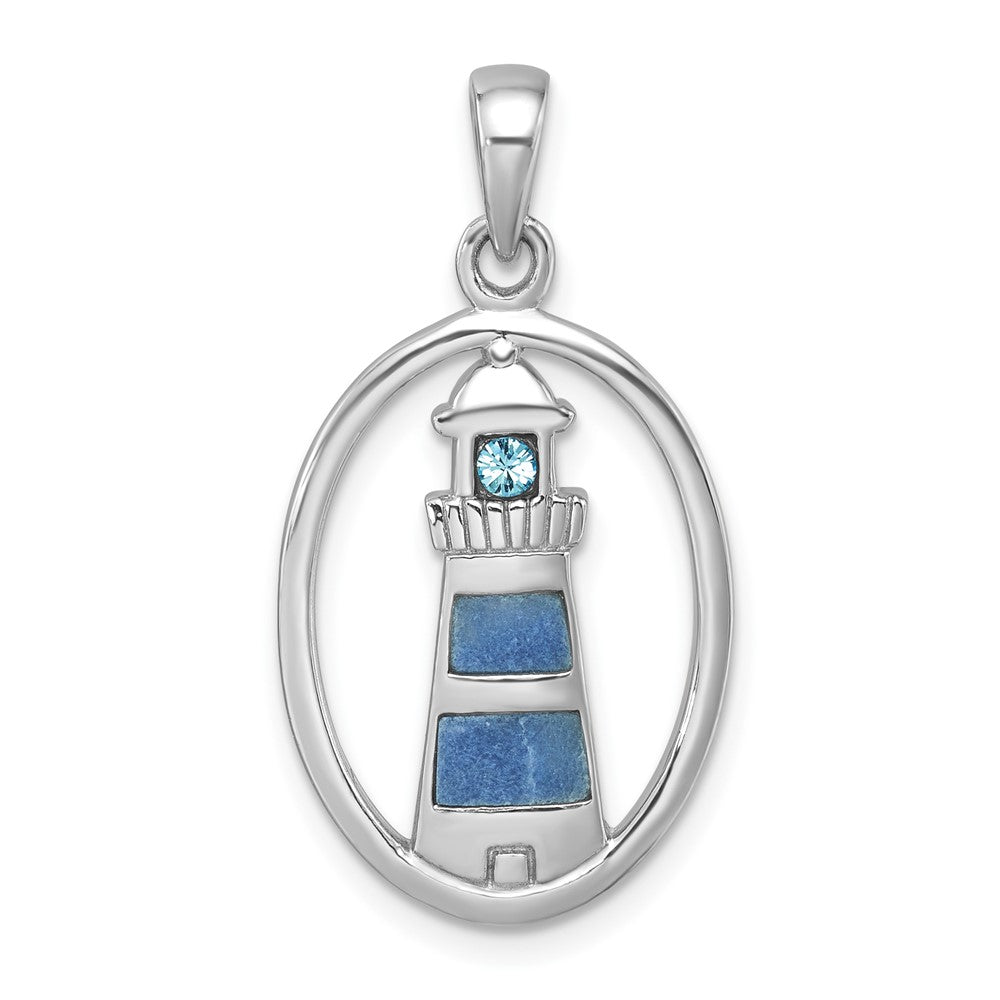 Sterling Silver Rhodium-Plated Oval Aventurine & CZ Lighthouse Pendant