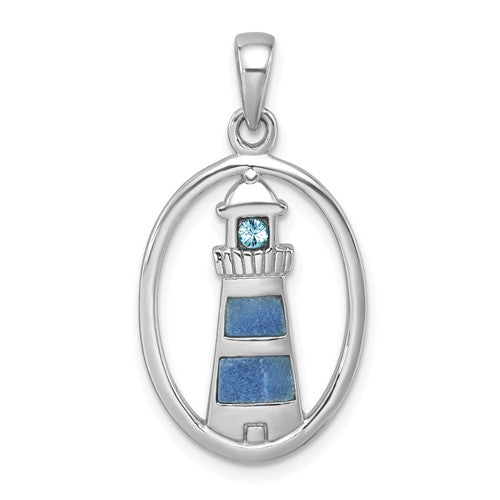 Sterling Silver Rhodium-Plated Oval Aventurine & CZ Lighthouse Pendant