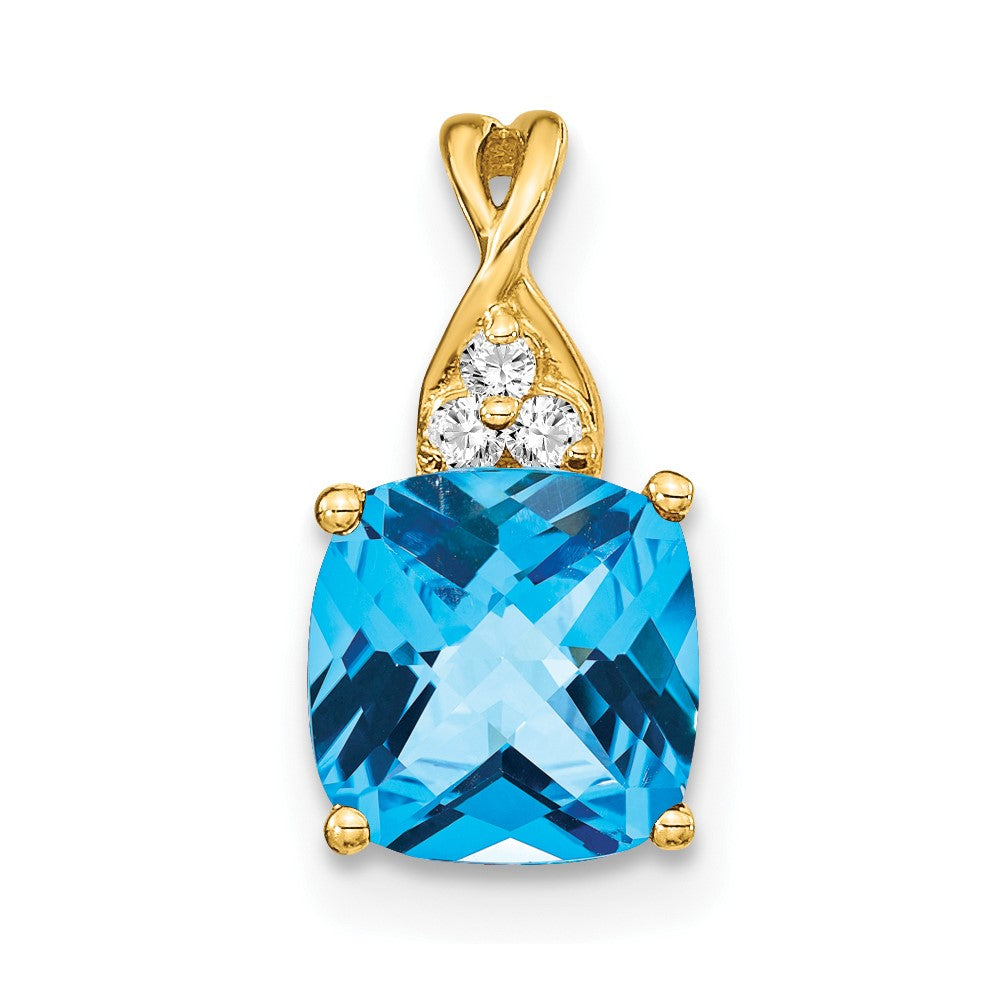 10k Checkerboard Blue Topaz and Diamond Pendant
