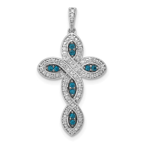 14k White Gold White and Blue Diamond Cross Pendant
