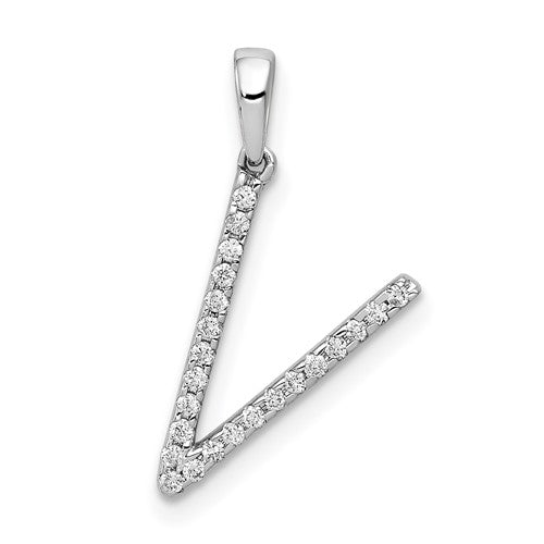 14K White Gold Diamond Letter V Initial Pendant