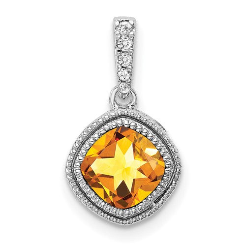 10k White Gold Cushion Citrine and Diamond Pendant