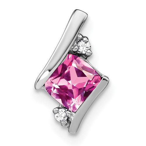 10k White Gold Cushion Cr. Pink Sapphire and Diamond Chain Slide