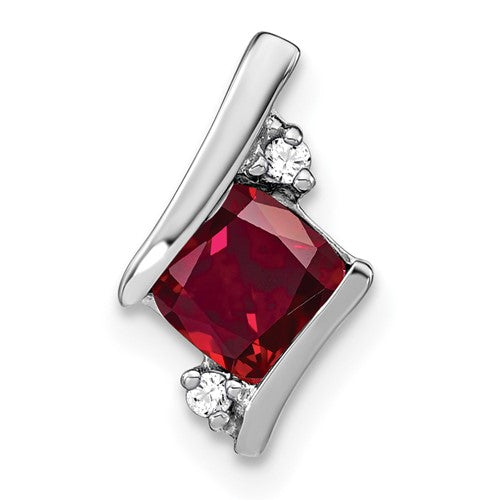 10k White Gold Cushion Cr. Ruby and Diamond Chain Slide