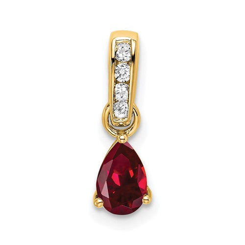 10k Yellow Gold Pear Created Ruby and Diamond Pendant