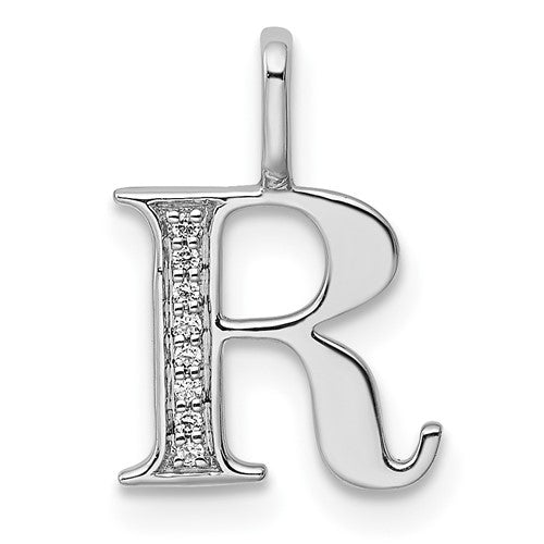 14K White Gold Diamond Letter R Initial Pendant