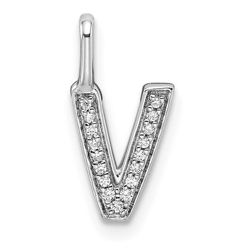 14K White Gold Diamond Letter V Initial Pendant