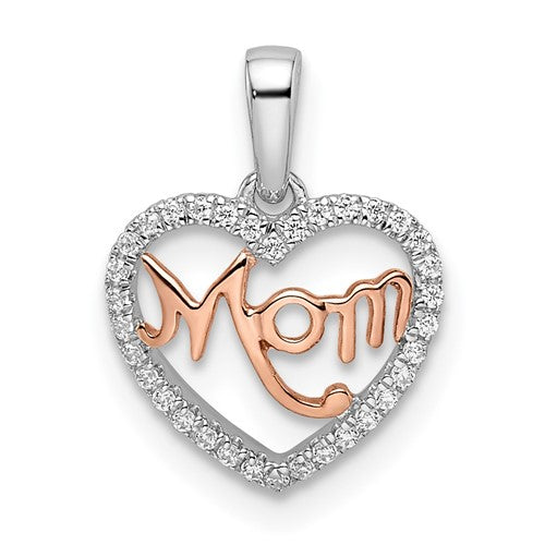 14k Two-tone Diamond White and Rose Mom Heart Pendant
