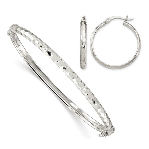 Sterling Silver D/C 4mm Bangle and 3mm Hoop Earring Set