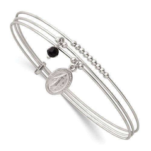 Sterling Silver Beaded Black Glass Miraculous Medal Charm Slip On Bangle