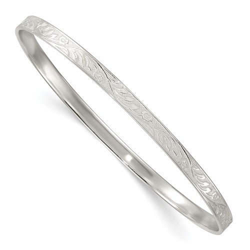 Sterling Silver Polished Flat Textured 4.0mm Floral Pattern Slip On Bangle