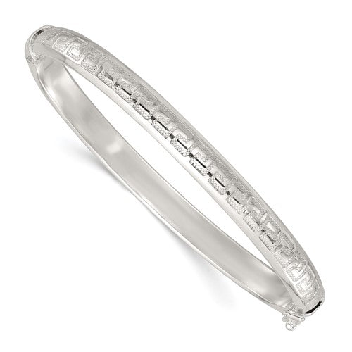 Sterling Silver Polished and Textured Greek Key Hinged Bangle