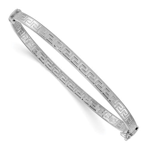 Sterling Silver RH-plated  Polished Textured Greek Key Hinged Bangle