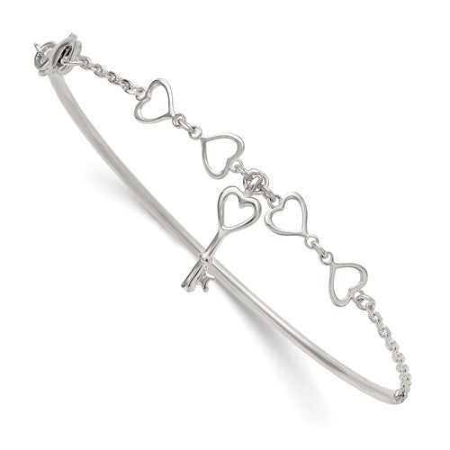Sterling Silver Polished Heart and Key Bangle Bracelet