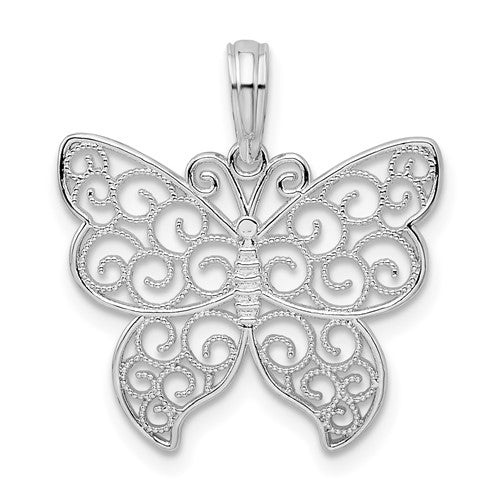 Sterling Silver Rhodium-plated Polished Filigree Wing Butterfly Pendant
