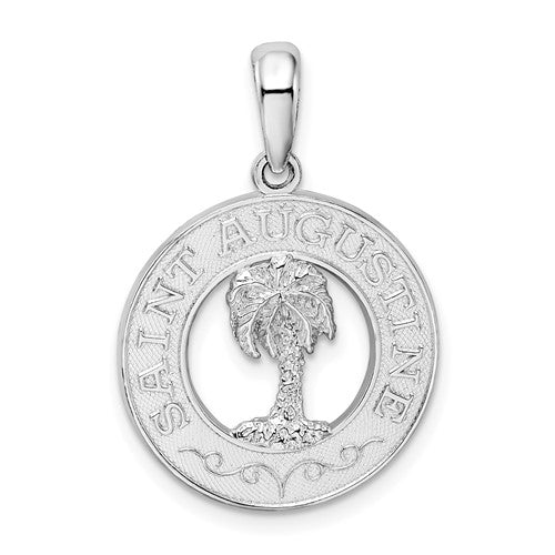 Sterling Silver Rhodium-plated St. Augustine w/Palm Tree Circle Pendant