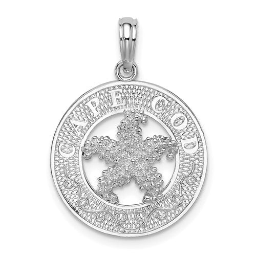 Sterling Silver Rhod-plated Polished Cape Cod w/Starfish Circle Pendant