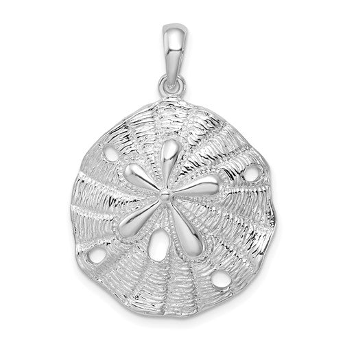 Sterling Silver Rhodium-plated Polished/Textured Sand Dollar Pendant