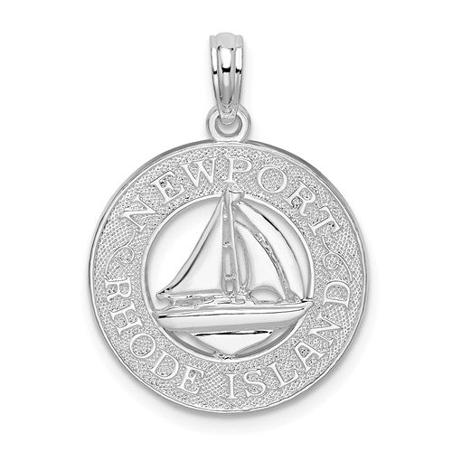 Sterling Silver RH-plated Newport Rhode Island w/Sailboat Circle Pendant