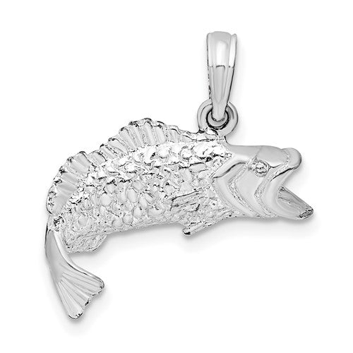 Sterling Silver Rhodium-plated Polished Bass Fish Curved Tail Pendant