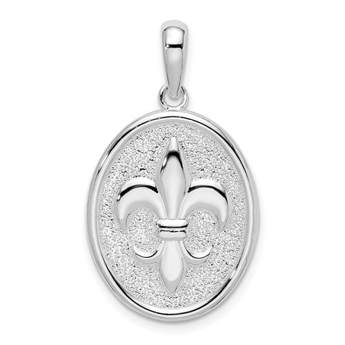 Sterling Silver Rhod-plated Polished/Textured Fleur de Lis Oval Pendant