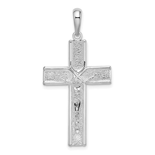 Sterling Silver Rhodium-plated Polished and Satin Crucifix Pendant