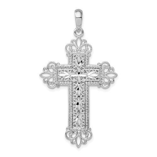 Sterling Silver Rhod-plated Diamond-cut Filigree Fleur de Lis Cross Pendant