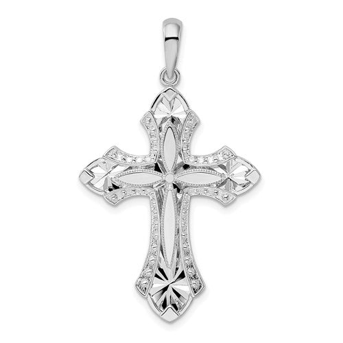 Sterling Silver Rhod-plated Fleur de Lis w/Poem on Reverse Cross Pendant