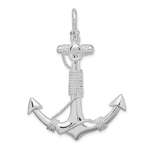 Sterling Silver Rhodium-plated Polished Anchor w/Rope Pendant