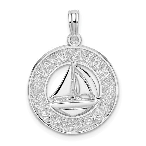 Sterling Silver Rhod-plated Jamaica Round Circle w/Sailboat Pendant