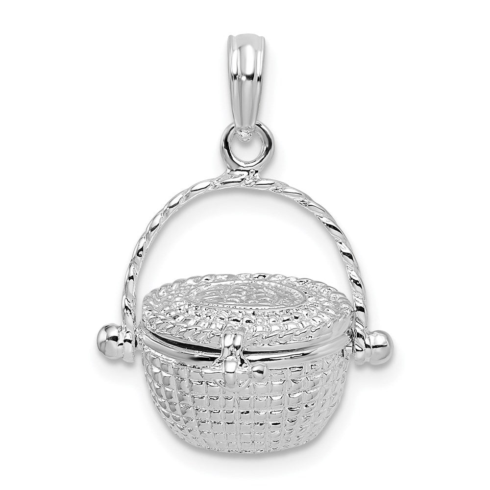 Sterling Silver Rhodium-plated Moveable 3D Nantucket Basket Pendant