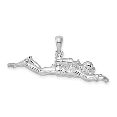 Sterling Silver Rhodium-plated Polished 3D Male Scuba Diver Pendant