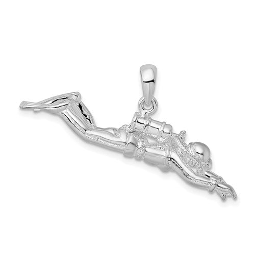 Sterling Silver Rhodium-plated Polished 3D Female Scuba Diver Pendant