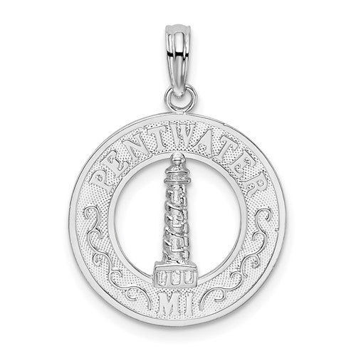 Sterling Silver Rhodium-plated Pentwater, MI Circle w/Lighthouse Pendant
