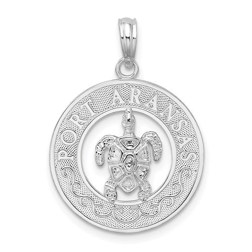 Sterling Silver Rhodium-plated Port Aransas Circle w/Turtle Pendant