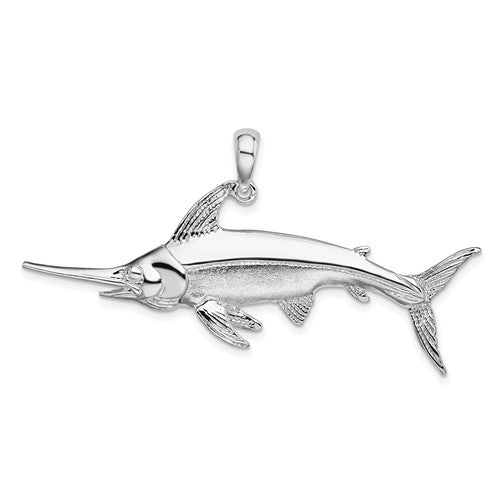 Sterling Silver Rhodium-plated Polished and Satin Swordfish Pendant