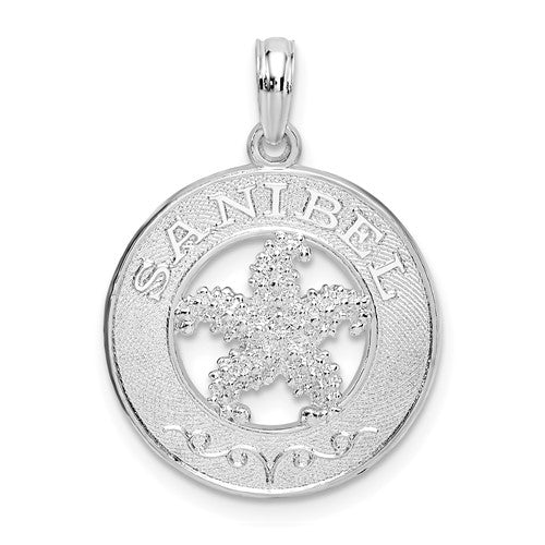 Sterling Silver Rhodium-plated Polished Sanibel Circle w/Starfish Pendant