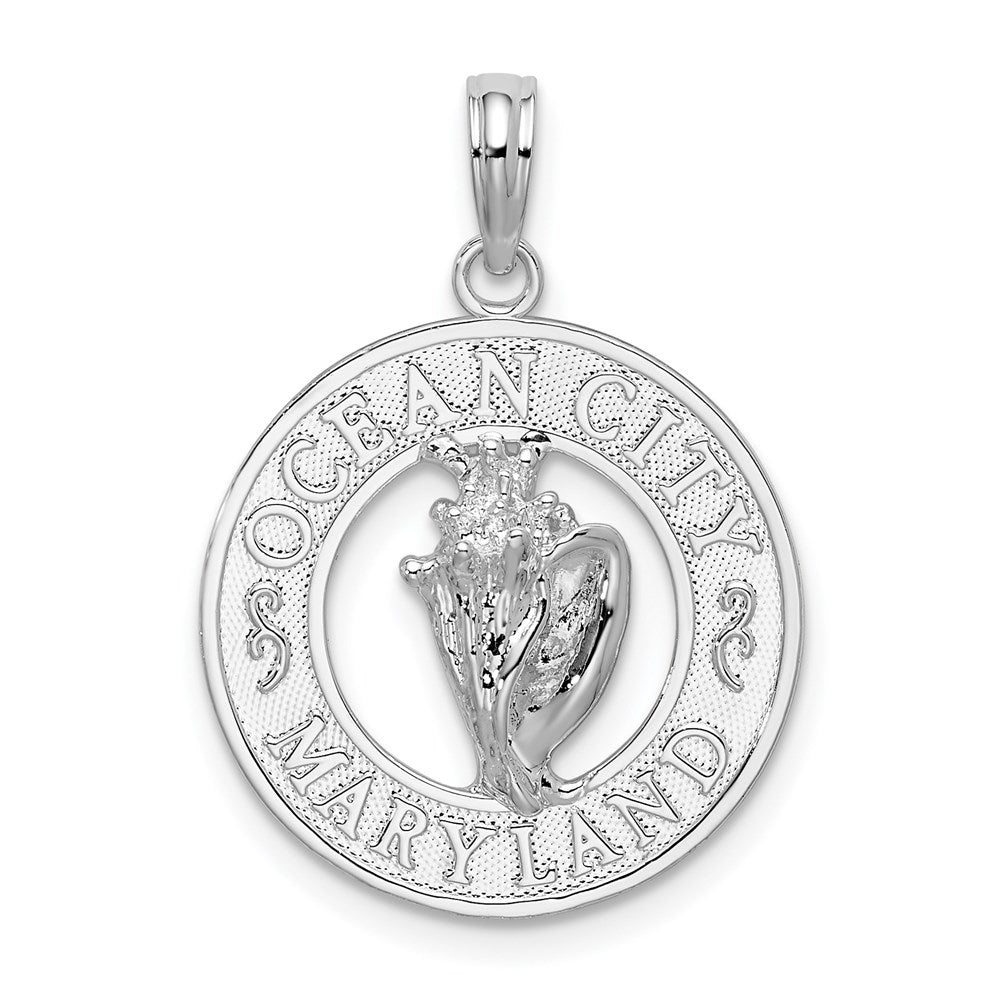Sterling Silver Rhodium-plated Ocean City, MD Circle w/Shell Pendant