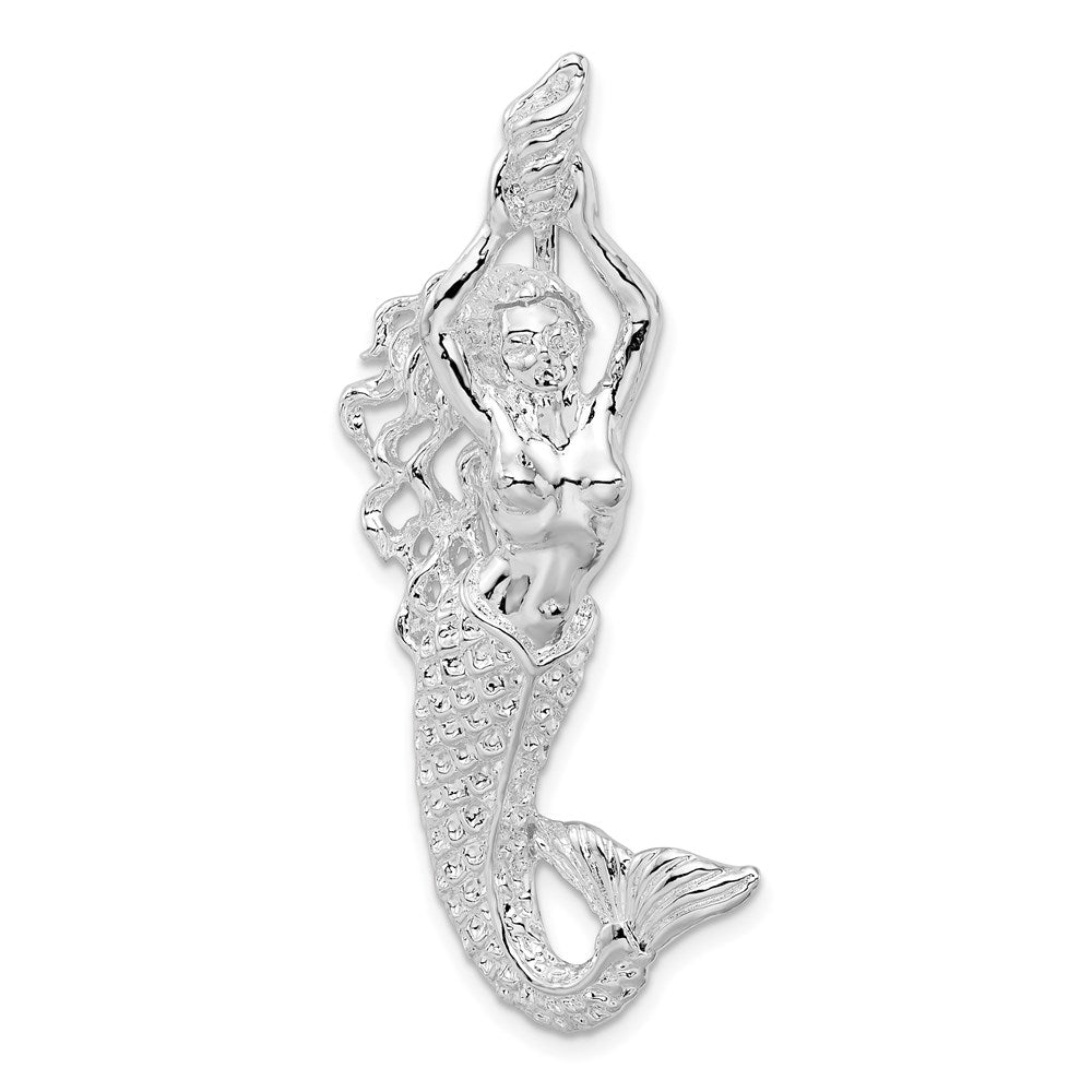 Sterling Silver Rhodium-plated Polished Large Mermaid w/Shell Slide