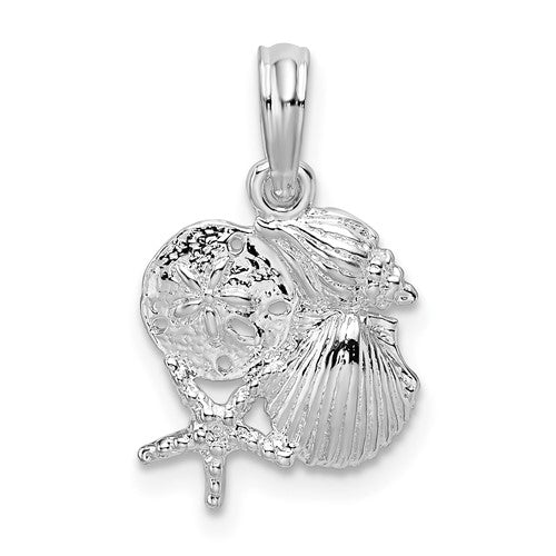 Sterling Silver Rhodium-plated Polished Shell Cluster Pendant