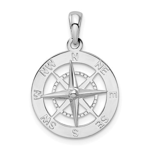 Sterling Silver Rhodium-plated Polished Nautical Compass Pendant