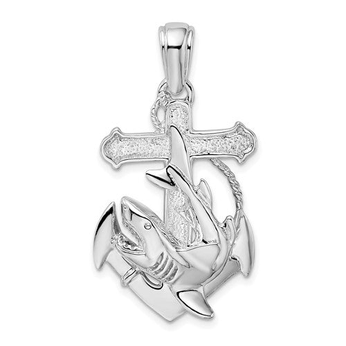 Sterling Silver Rhodium-plated Polished Anchor w/Shark Pendant