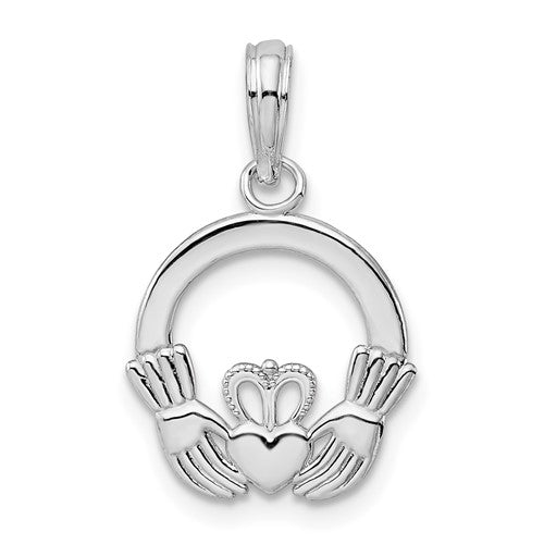 Sterling Silver Rhodium-plated Polished Claddagh Circle Pendant