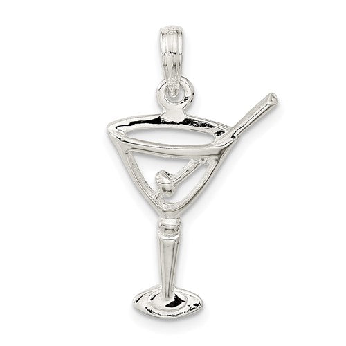 Sterling Silver Rhodium-plated Polished Cut-out Martini w/Olive Pendant