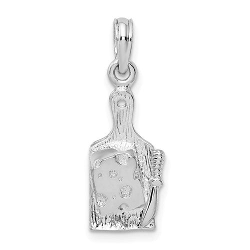 Sterling Silver Rhodium-plated Polished Cheese Board w/Knife Pendant